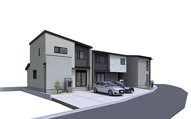 白×黒のコントラスト、重厚な石目調、トレンドのグレー。統一感ある美しい街並みの中に、異なる個性を宿したモダン邸宅が誕生。全棟駐車3台可。