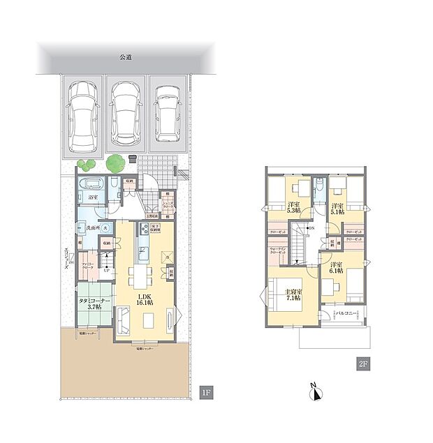 【5LDK＋ファミリークローク】2階に4部屋を確保した、お子様が多いご家庭や共働き夫婦に最適なプラン。各個室が独立しているため、子供部屋としてはもちろん、Web会議用のワークスペースや趣味の部屋としても活用できます。1階のタタミコーナーも含め、家族それぞれの居場所が作りやすい「余白」のある間取りです。