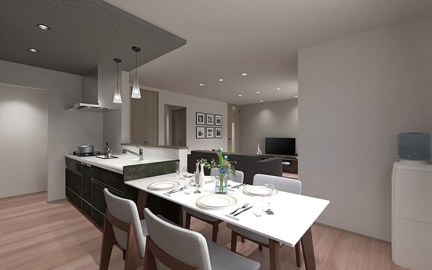 【ダイニング│No.12 Image】会話が弾む対面キッチン。料理中も宿題を見るなど、自然とコミュニケーションが生まれる食卓です。