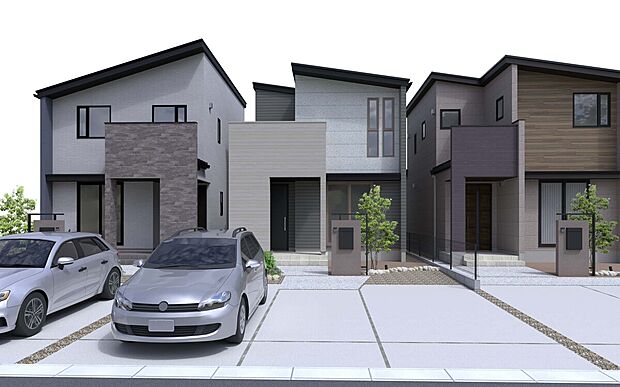 【NO.2号棟 外観】白とグレーを基調とした洗練されたキューブデザイン。縦ラインの窓がアクセントになり、デザイン性とプライバシーを両立させています。