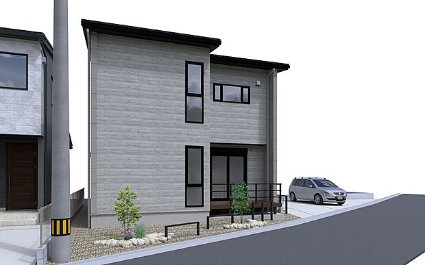 【No.18│東向き×シンプル】東側道路につき、爽やかな朝日と共に一日をスタートできます。無駄を削ぎ落としたミニマルなデザインは、植栽や青空との相性も抜群。角地のような開放感も魅力です。