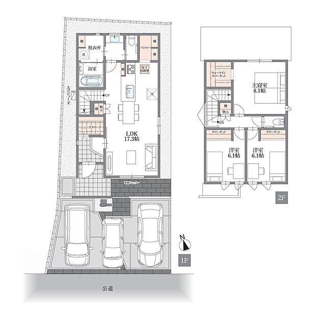 【3LDK+パントリー】キッチンとダイニングを横並びにした人気のレイアウト。配膳や片付けが横移動だけで完結し、家事負担を劇的に減らします。キッチン奥には食品庫（パントリー）も完備。週末のまとめ買いもスッキリ収まる、共働き夫婦に嬉しい設計です。