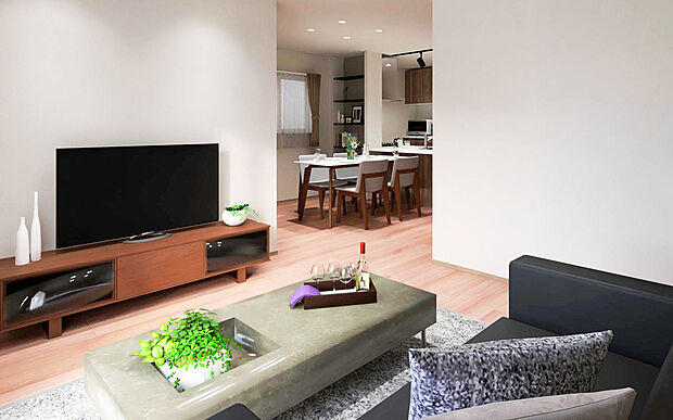 【No.4│リビング】キッチンやダイニングと緩やかにつながる、開放的なリビング。お気に入りのソファでくつろぎながら、料理中のパートナーと会話が弾む、家族の絆が深まる空間です。