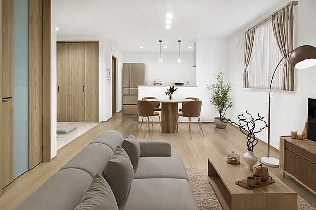 【No.3号棟　LDK】開放感あふれるLDK空間。暮らしのイメージが広がります。
※家具・家電・小物はCGによるイメージです。