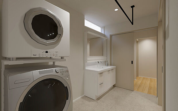 【No.3号棟　家事ラク洗面スペース】洗面・脱衣をまとめた動線で、身支度や洗濯もスムーズ。乾太くん設置に対応した先行スリーブ施工済で、将来の家事ラク設備にも備えています。