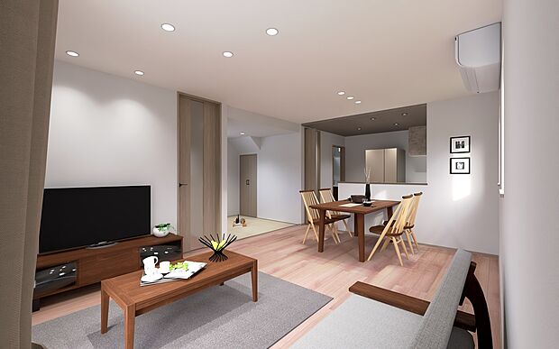 【No.2号棟 リビング・ダイニングイメージ】リビングとダイニングがゆるやかにつながる開放的なLDK。隣接するタタミコーナーは、お子様の遊び場やくつろぎスペースとして活躍し、暮らしにゆとりと心地よさをもたらします。