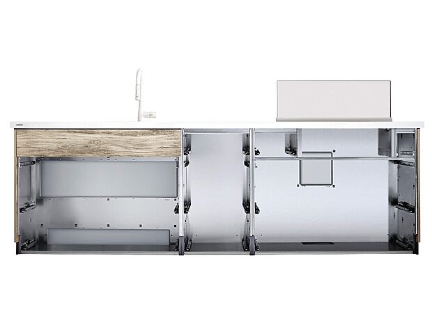 【■ ステンレスエコキャビネット】「壁外断熱工法」では、柱の外側に断熱材を施工するため、隙間キッチンの内部は構造自体がステンレス。熱にも腐触にも強く、カビやニオイがつきにくい上、長寿命。環境負荷も少ないです。見えない部分にまでこだわったシステムキッチンです。(参考写真)