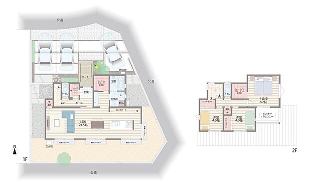 南側いっぱいの広々LDK。キッチンから水回りやファミリークロークとアクセスしやすい家事楽動線。シューズクロークを設け、靴や雨具、お子様の遊び道具などひとまとめに収納できます。