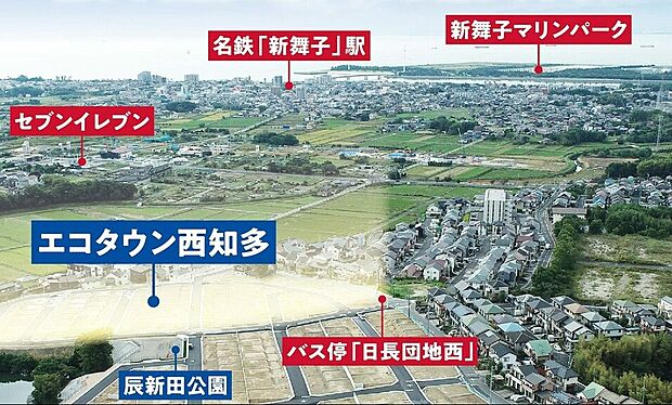 知多市日長の高台に77区画のビッグタウンが誕生!知多西産業道路まで車で7分。名鉄常滑線「新舞子駅」2.3km・名鉄常滑線「日長駅」2.1kmへ自転車7分。通勤通学に便利です。