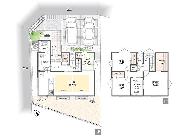 No,1　３LDK＋ウォークインクローゼット、シューズクローク、タタミスコーナー
土地面積：148.40m2(44.89坪)　建物面積：103.30m2(31.24坪）