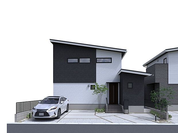 黒と白のモノトーンを基調とした洗練されたデザインが、モダンでシャープな外観を演出します。
暮らしに潤いを与える庭付きの設計。さらに駐車3台以上のゆとりあるスペースを確保。