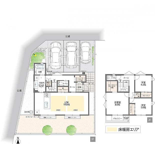 【B-1】広々とした19.0帖のLDKで、家族団らんの時間をゆったりと過ごせます。また大容量のシューズクロークから洗面所や浴室へ直行できるただいま動線を確保。