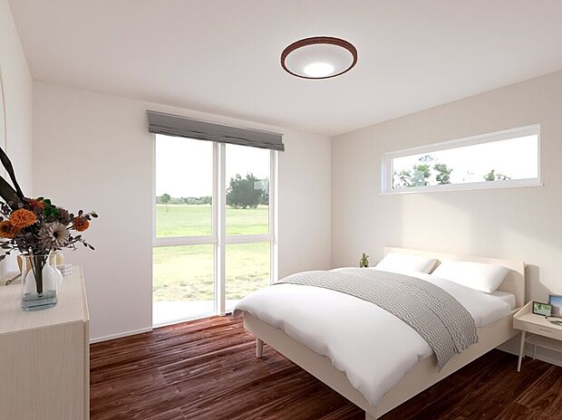 【W-24　8.0帖洋室　完成予想図】床まで届く、壁を切り抜いたような窓にご注目！南向きで眺めのよい洋室。ホテルライクな演出が似合います。