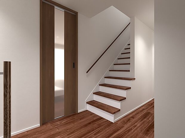 【W-24　1階ホール完成予想図】空間をぜいたくに取った1階ホール。玄関と生活空間をしっかり分けて、プライバシーを守ります。