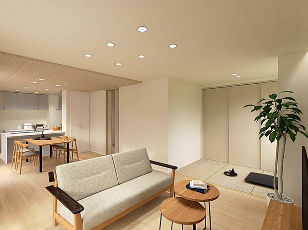 【【B-2】リビング・ダイニング・キッチン】キッチンからLDKを見渡せて子育ても安心の設計。タタミコーナーを設けることで自然と家族がリビングに集まる空間になります。また大きな庭がLDKとつながっているので、ゆとりのある広々とした生活ができます。