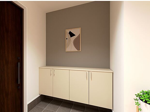 【【No.05】玄関】玄関にはシューズクロークを備えることで、急な来客が来てもいつでも綺麗に整理整頓。玄関からキッチンに直結するため、重い買い物後もすぐに運ぶことが可能で、日々の家事を大幅にサポートします。