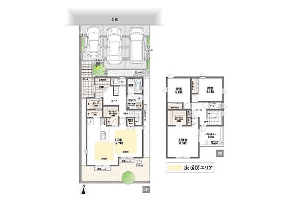 【3LDK＋シューズクローク＋WIC×２＋パントリー】使いやすい3LDKの間取りに、シューズクローク、ウォークインクローゼットが2箇所、さらにパントリーを加えた圧倒的な収納力。ご家族の荷物も趣味の道具もすっきり収まります。

さらに、駐車3台のスペースを確保。来客時や将来2台目、3台目の車を検討されても安心です。