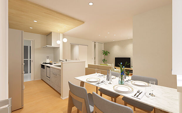 「ながら家事」を叶える、スムーズな動線設計。
広々としたLDKには、暮らしを快適にする工夫が凝らされています。