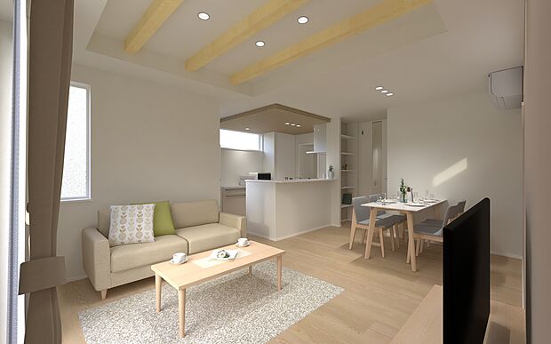 15.8帖のLDKは、吹き抜けのような開放感を生む「折り上げ天井」と化粧梁がアクセント。キッチンからリビングまで一直線に見渡せるため、家事をしながら家族との会話も弾みます。(No.6)