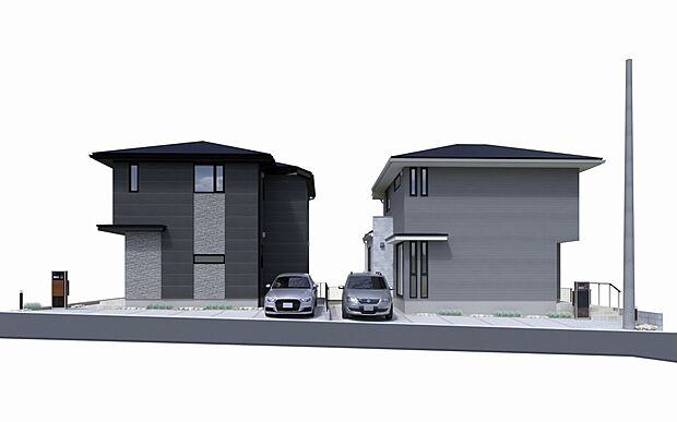 【街並み　外観パース】落ち着きのあるグレートーンを基調とし、いつまでも飽きのこない美しさを追求したツインデザイン。