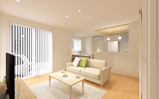 【No.1　LDKパース】明るい光が差し込むゆとりのLDKは、この住まいの中心です。温もりを感じさせる木目のフローリングと、柔らかな光を灯すダウンライトが、日々の喧騒を忘れさせてくれるような、心落ち着く空間を演出。