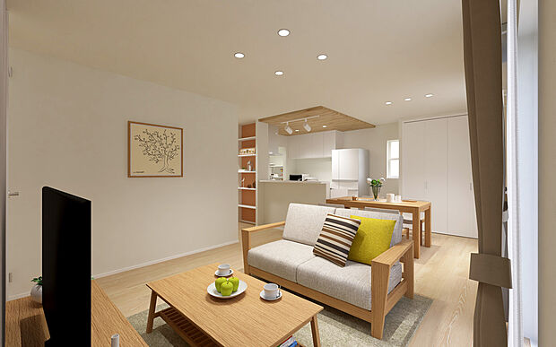 【No.2　LDKパース】約17.9帖のゆとりあるLDKは、明るい木目が心地よい開放的な空間。見渡しの良いキッチンと便利なパントリーで家事も快適です。