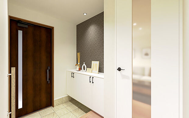 【No.2　玄関パース】ダークトーンのドアとアクセントクロスが引き締める、モダンで上質なデザインが特徴です。