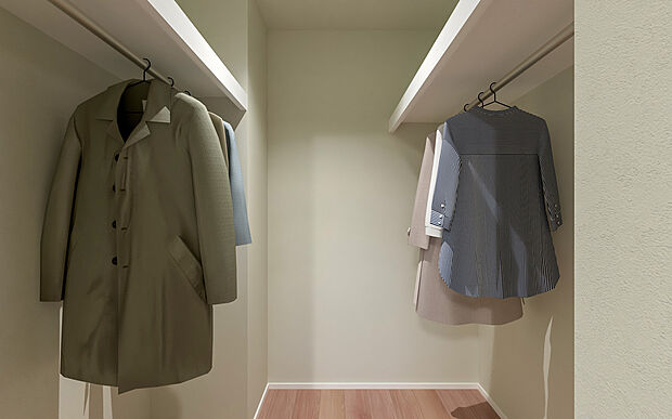 【No.2　2階ウォークインクローゼットパース】必要な衣類を十分に収められる広さを確保しつつ、寝室に隣接しているため、朝の身支度が最短動線で完結します。