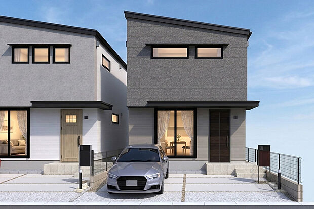 【No.2　外観】深みのあるダークグレーの外壁と、重厚感のある濃い木目調ドアが織りなす、洗練された佇まい。