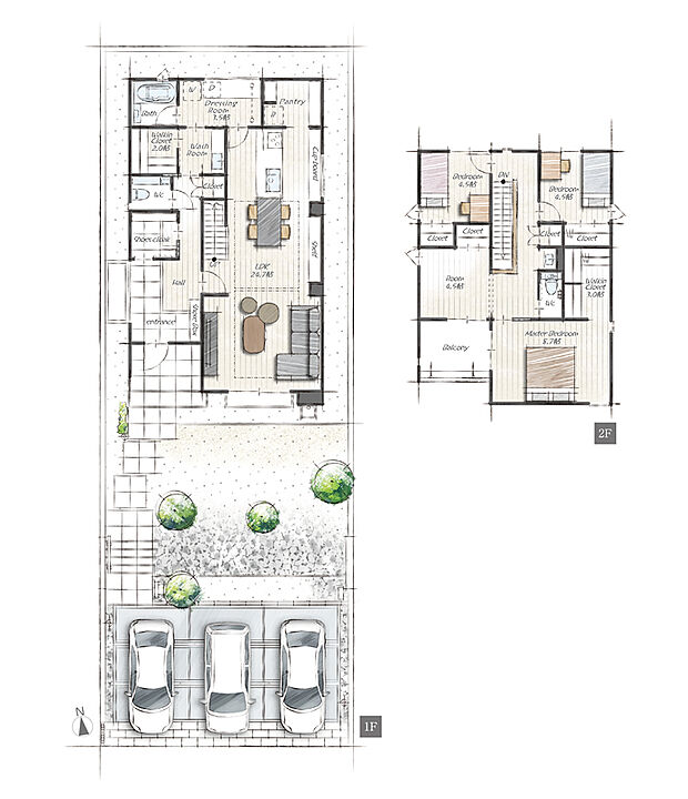 ■No.1
 キッチンからダイニング、リビングへと一直線に繋がる24.7帖の大空間。視線が奥まで抜けるため、実際の面積以上の広さを感じられます。