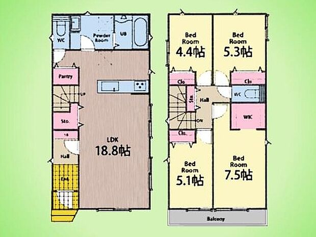 【4LDK】■車２台
■パントリー
■広々洗面ルーム