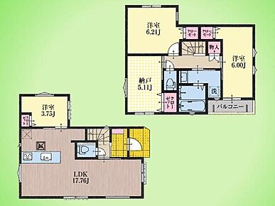 家族の成長を見据えた2階建ての間取り図です。広々17.76帖のLDKは家族団らんの中心に。各洋室はプライベート空間を確保し、収納も充実しています。 