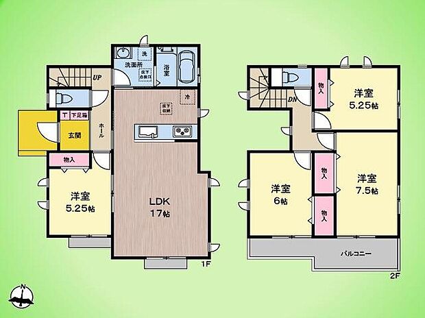 【4LDK】17帖の広々LDKを中心に、洗面所へも廊下からスムーズにアクセス。対面キッチンで家族との会話も弾みますね。全居室収納や床下収納完備で、スッキリ心地よい新生活が楽しみです。