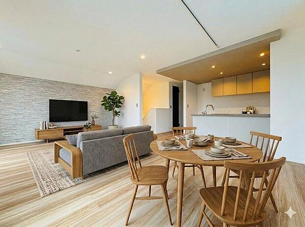 ◇◆リビング◆◇アクセントクロスや折下天井が彩を添える、広々とした開放的なLDK！本画像はCGで作成しており、実際に現地に家具は置かれておりません。また、価格に家具は含まれておりません。