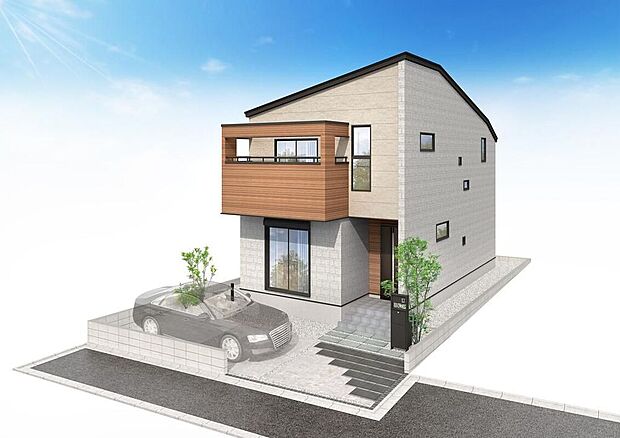 ◇◆完成予想パース◆◇淡い色合いをベースに、木目調の外壁を張り分けた、上質なナチュラルさを創り出す外観デザイン。計算された色使いは植栽の緑とも美しく調和し、街並みに優しく溶け込みます。