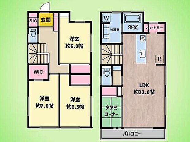 【3LDK】約22帖のLDKと隣接タタミコーナーで家族の時間もゆったり。WIC・SIC・パントリー完備の収納力で、暮らしやすさと温かみを両立した住まいです。