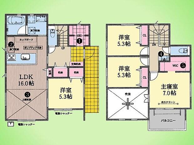 【4LDK】家族が集まる16帖のLDKに開放感ある吹抜けを採用。1階には洋室を配置し、ライフスタイルに合わせて多目的に活用できます。主寝室7帖にはWICを備え、収納力にも配慮された住まいです。