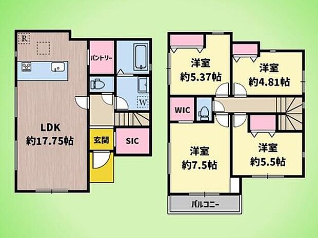 【4LDK】約17.75帖のLDK。ゆとりある広さでご家族のくつろぎの空間になります。パントリー・シューズインクローゼット・ウォークインクローゼットがあり、豊富な収納を備えています。2階には洋室が4部屋あり、一人ひとりの個室を確保できる4LDKの間取りです。