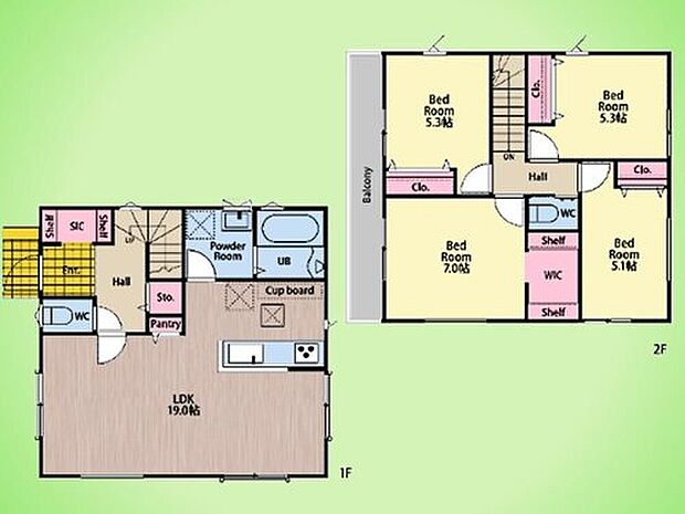 【4LDK】19帖超の広々としたLDKを中心に、全居室5帖以上のゆとりある4LDKプラン。SICやWICなど、各所に配置された豊富な収納が暮らしをサポートします。家事動線もスムーズで、家族の時間を大切にできる住まいです。