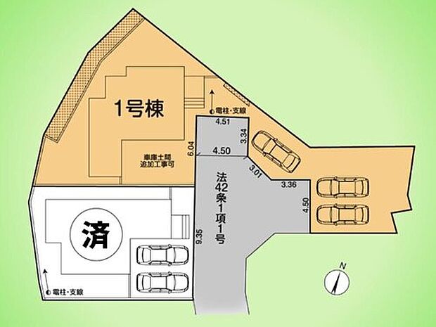 【4LDK】広々とした敷地を活かしたゆとりある区画。カースペースは最大4台分(車種による)確保し、来客時にも便利です。角地で陽当たりも良く、開放感ある住環境が魅力です。