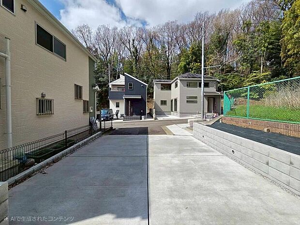 【◇◆カースペース4台&外観◆◇】緑に囲まれた、開放感あふれる閑静な街並み。ゆとりあるカースペースは、家族の安心と利便性を支える大切なポイント。温かな光が降り注ぐこの場所で、心地よい毎日を。