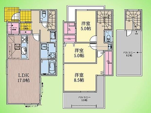 【3LDK】パントリーやSICなど、収納豊富な間取り。広いバルコニーは2か所あり、ライフスタイルに合わせて色々なご使用が可能で、楽しみが広がる場所。