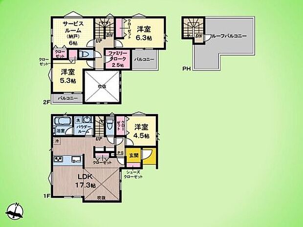 【3LDK+S】17.3帖のLDKには大きな吹き抜けがあり、心地よい開放感に包まれます。リビング階段を採用しながらも、クローゼットで空間を程よく仕切る間取りの工夫をプラス。ご家族の自然なコミュニケーションを育みながら、それぞれのプライベートな時間も大切にできる設計です。