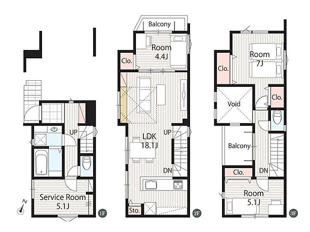 1号棟【間取り図】1階サービスルーム5.1帖、2階LDK18.1帖、3階7帖・5.1帖
