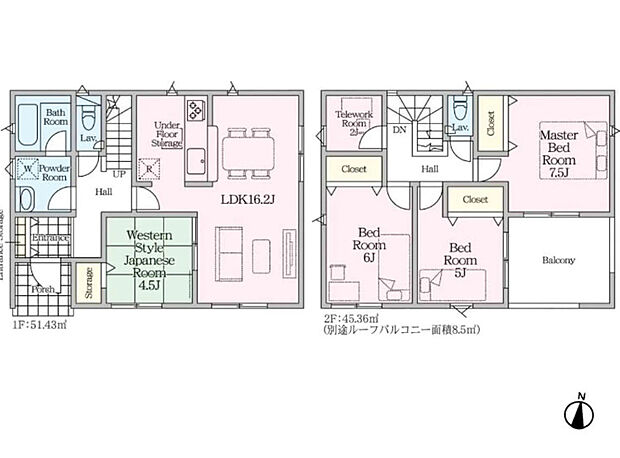 【間取図】LDK16.2帖、和室4.5帖、洋室7.5帖・6帖・5帖、テレワークルーム2帖

