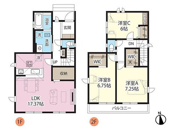 【3LDK】【間取り図面】LDK17.37帖　洋室A7.25　洋室B6.75帖　洋室C6帖　