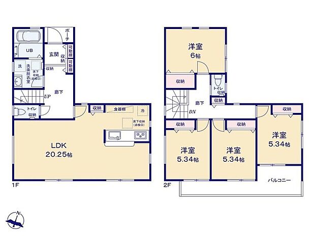 【4LDK】【間取図】LDK20.25帖/洋室6.0帖/洋室5.34帖/洋室5.34帖/洋室5.34帖/各居室収納あり