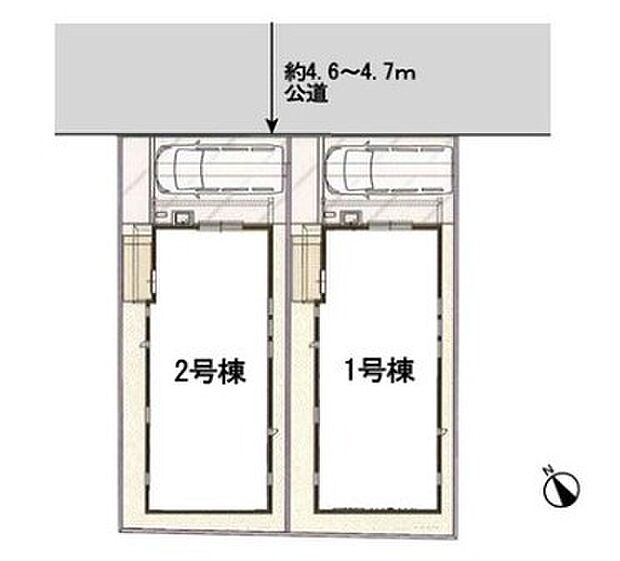 【【全体区画図】】車はそれぞれ1台ずつ駐車可能なスペースを確保、カーライフも楽しむことができます。また前面道路は4m以上あるためお車の出し入れもスムーズです。