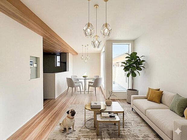 【LDK】下がり天井が空間にアクセントを加えるリビング。落ち着いた雰囲気の中で家族の時間を過ごせます 。※家具はCG加工しています。