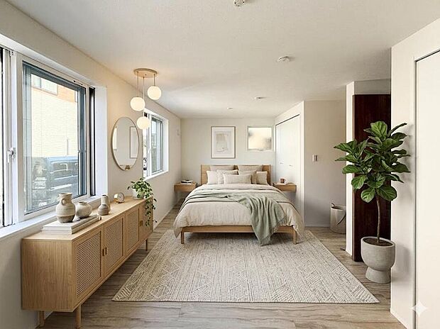 2つの扉と窓から、光と風が部屋の隅々まで行き渡ります。仕切りがないからこそ実現できる圧倒的な開放感。将来の分割を前提にしながらも、今はその広さを贅沢に使いこなす。※家具はCG加工しています。